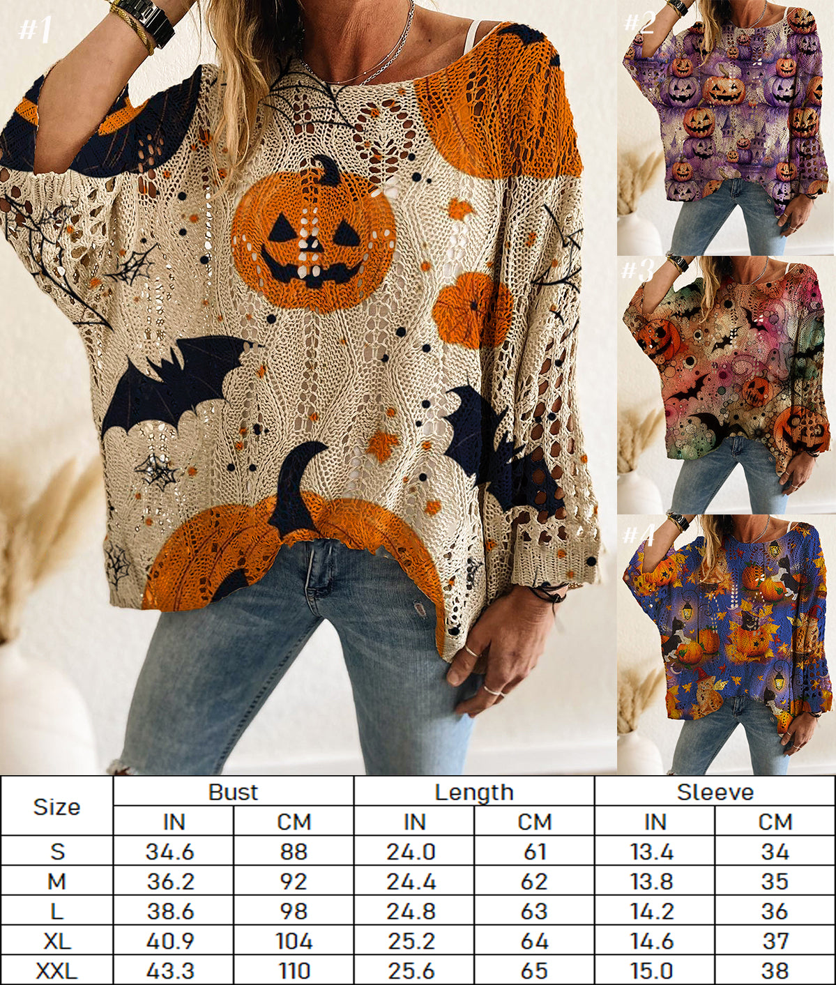 Hollow Bat Pumpkin Halloween Print Knit Sweater