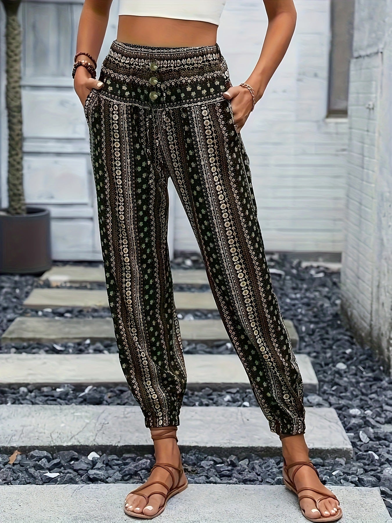 Women's European and American style Bohemian ethnic print loose slim drape elastic waist cuff casual pants