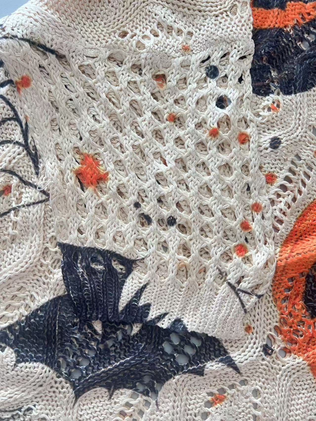 Hollow Bat Pumpkin Halloween Print Knit Sweater