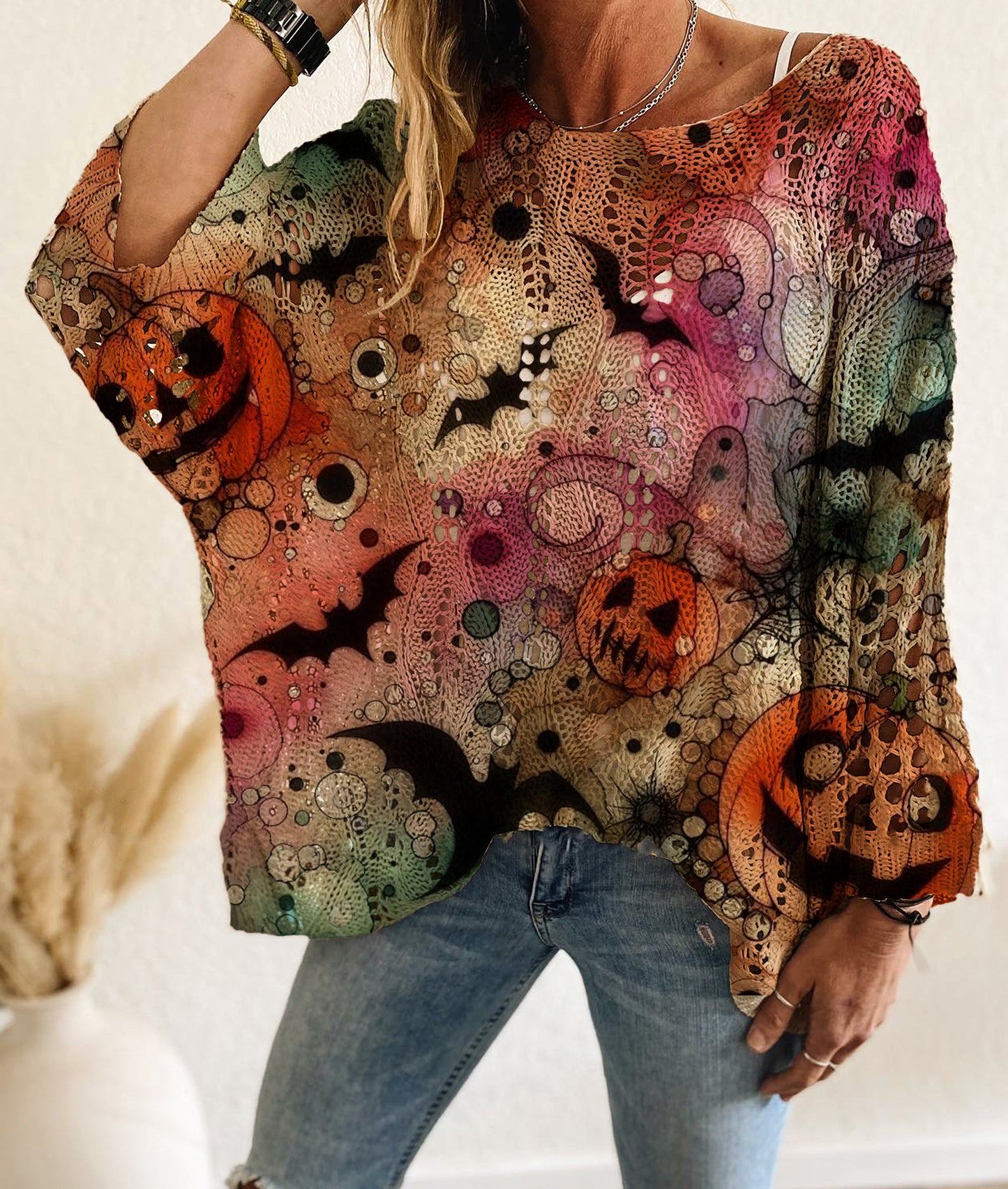 Hollow Bat Pumpkin Halloween Print Knit Sweater