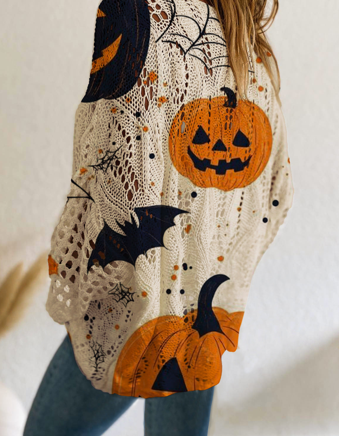 Hollow Bat Pumpkin Halloween Print Knit Sweater