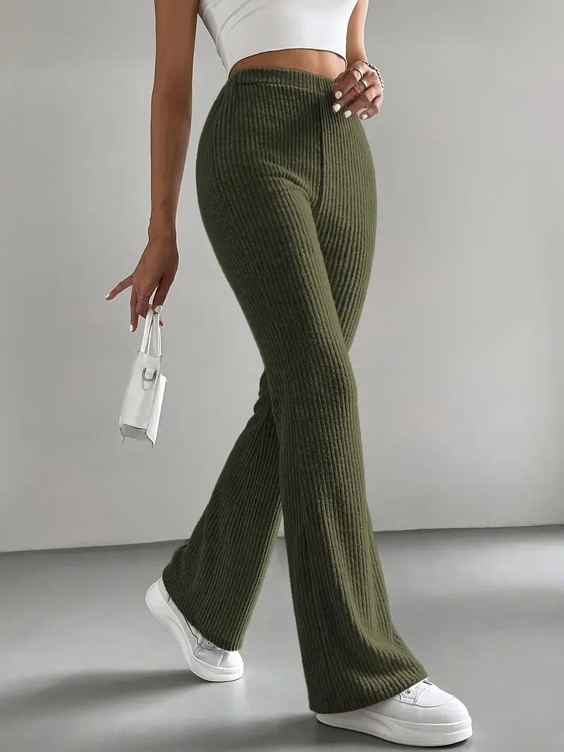 New style flared pants women's solid color casual pants ribbed knitted fashionable versatile slim trousers