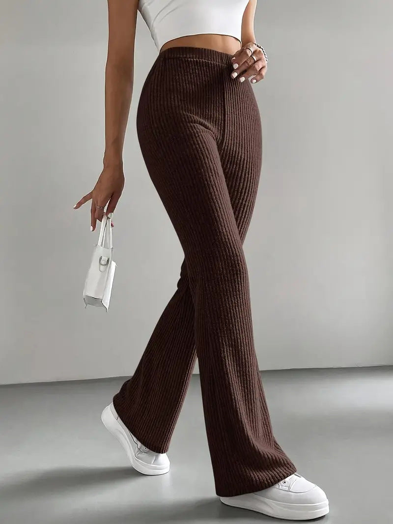 New style flared pants women's solid color casual pants ribbed knitted fashionable versatile slim trousers