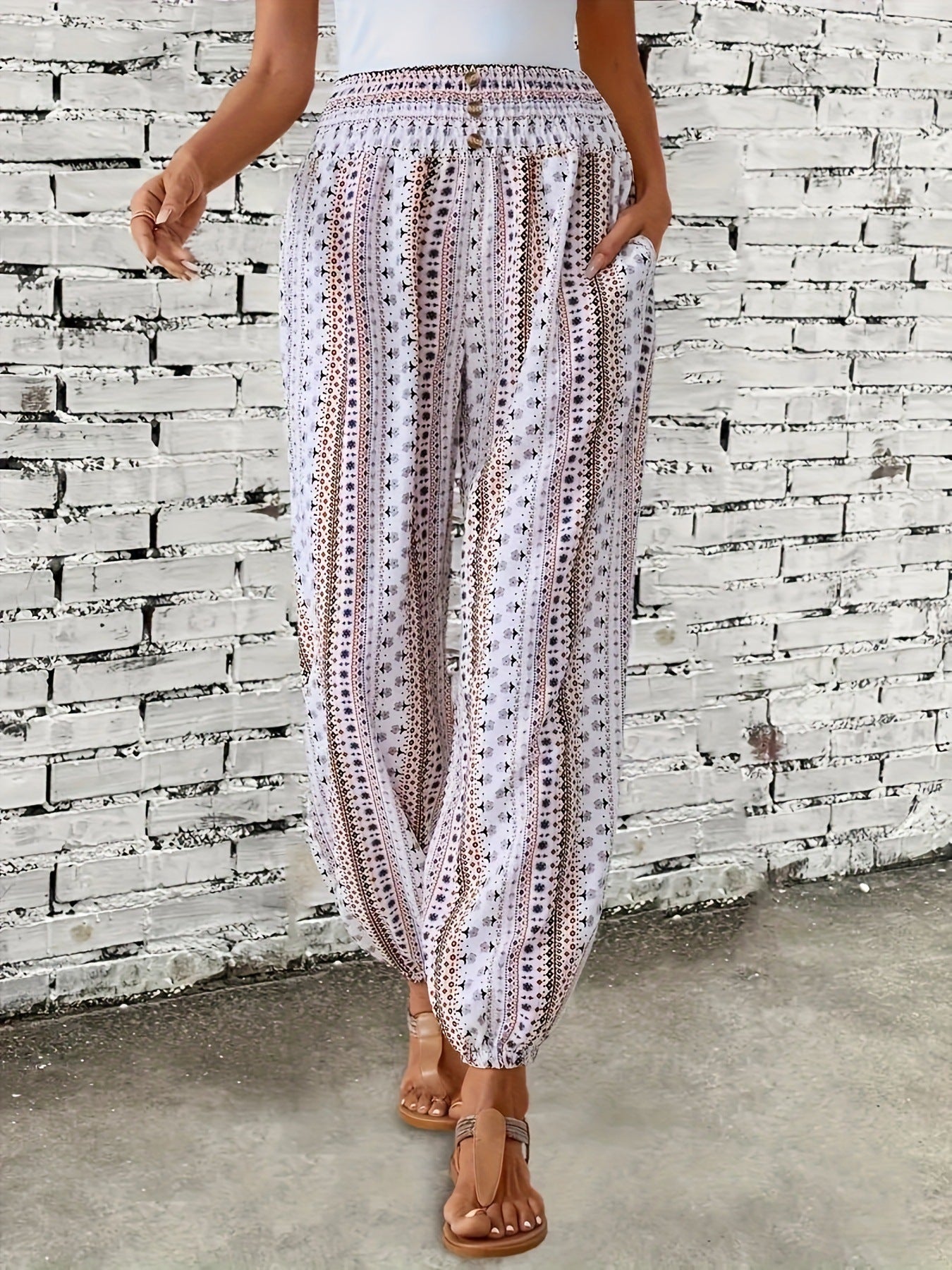 Women's European and American style Bohemian ethnic print loose slim drape elastic waist cuff casual pants