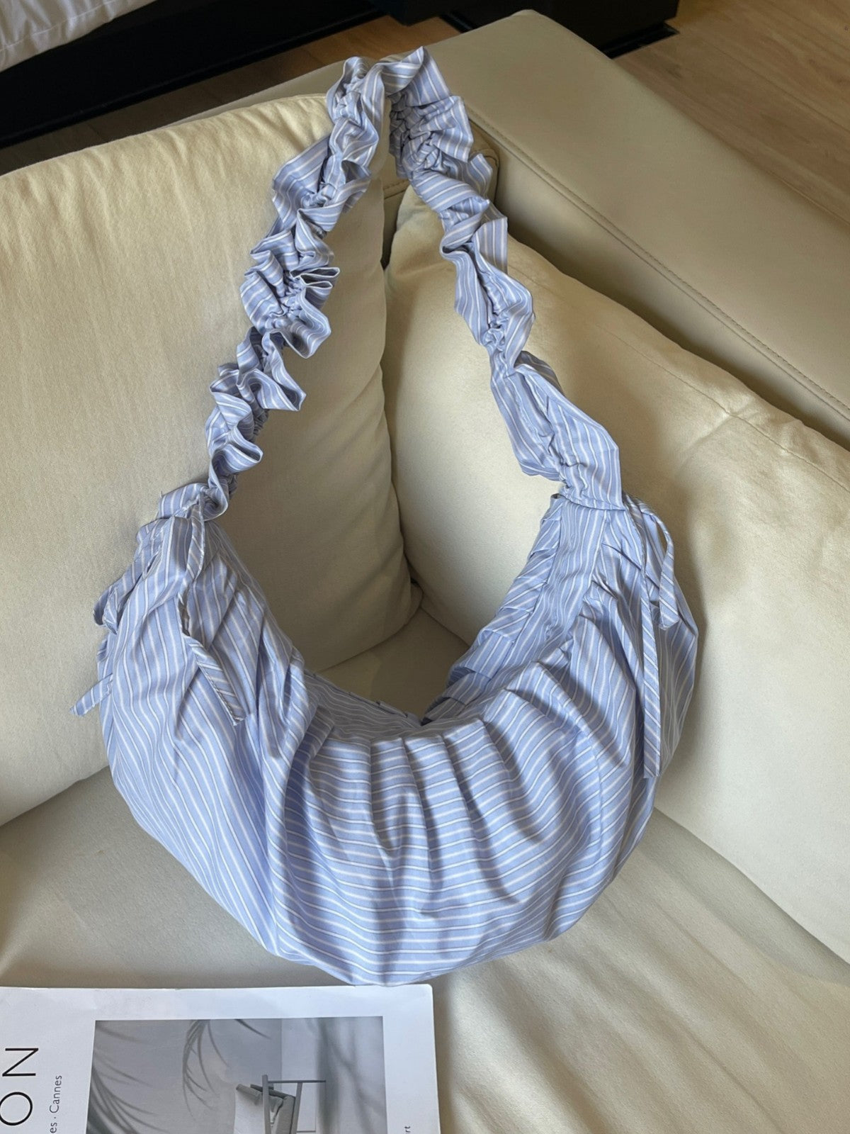 Striped Adjustable Shoulder Strap Pleated Drawstring Shoulder Bag Dumpling Bag Women's Casual Bag