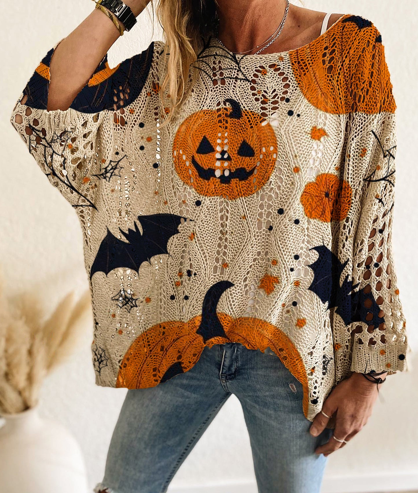 Hollow Bat Pumpkin Halloween Print Knit Sweater