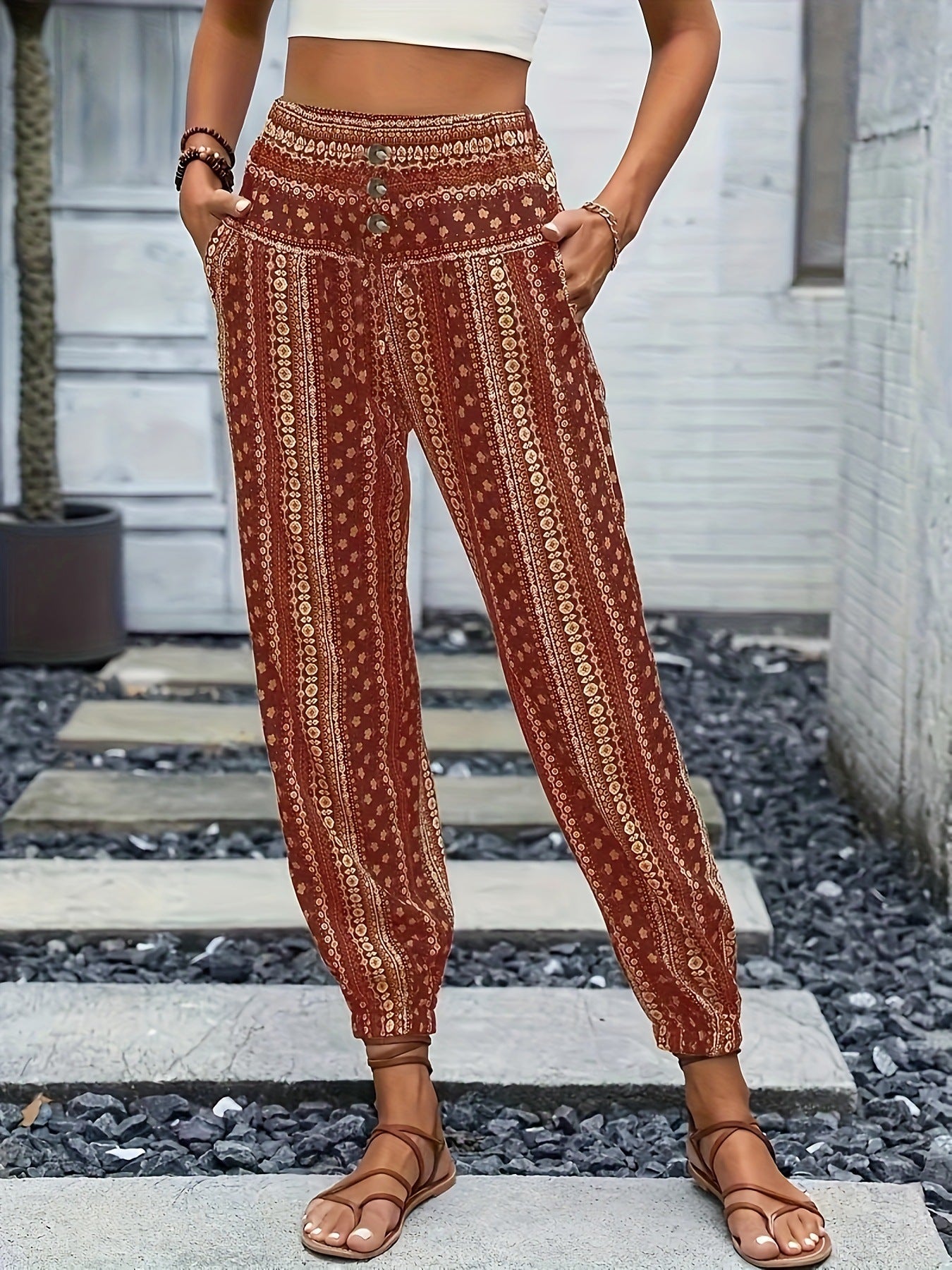 Women's European and American style Bohemian ethnic print loose slim drape elastic waist cuff casual pants