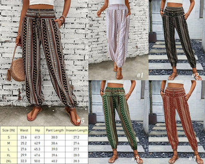 Women's European and American style Bohemian ethnic print loose slim drape elastic waist cuff casual pants