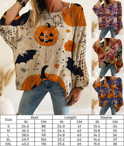 Hollow Bat Pumpkin Halloween Print Knit Sweater