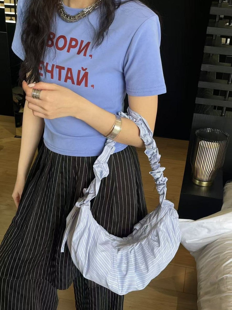 Striped Adjustable Shoulder Strap Pleated Drawstring Shoulder Bag Dumpling Bag Women's Casual Bag