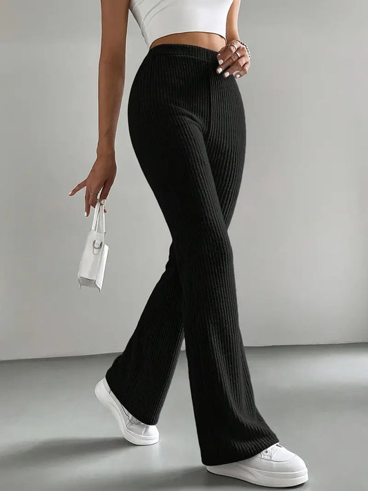 New style flared pants women's solid color casual pants ribbed knitted fashionable versatile slim trousers