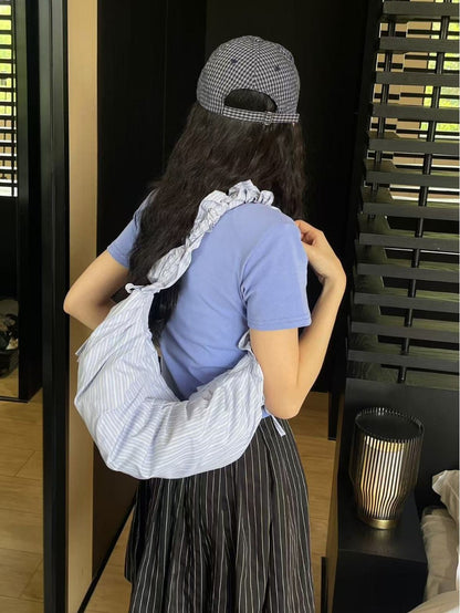 Striped Adjustable Shoulder Strap Pleated Drawstring Shoulder Bag Dumpling Bag Women's Casual Bag
