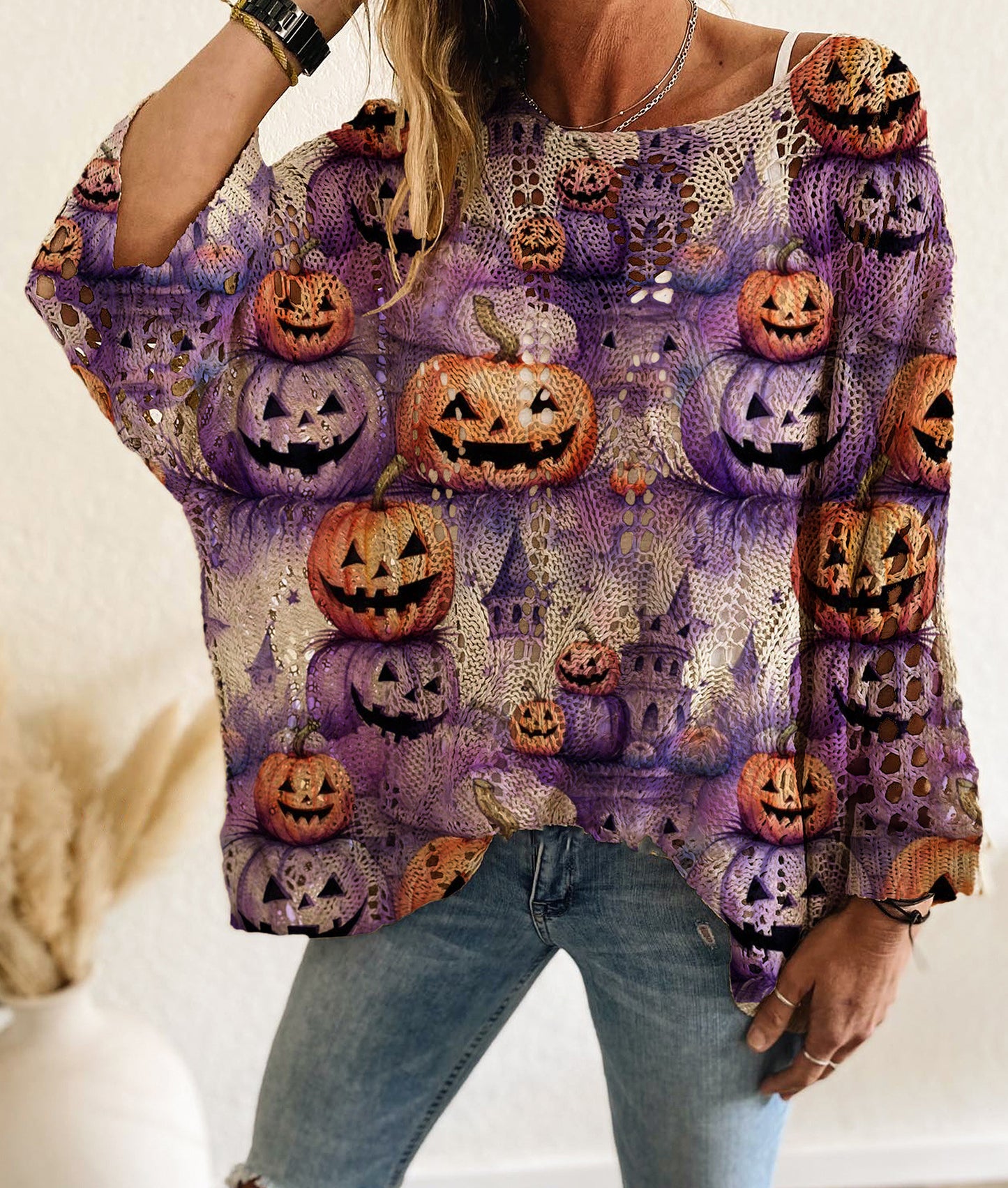 Hollow Bat Pumpkin Halloween Print Knit Sweater