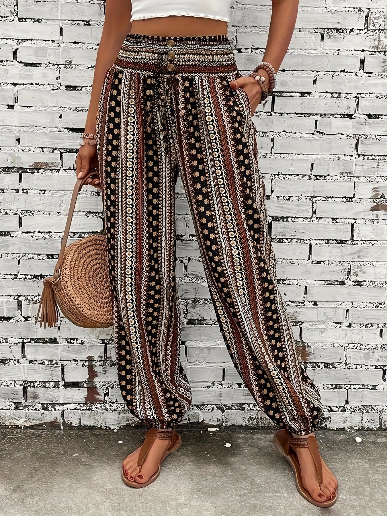 Women's European and American style Bohemian ethnic print loose slim drape elastic waist cuff casual pants