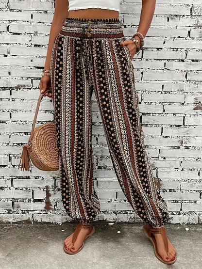 Women's European and American style Bohemian ethnic print loose slim drape elastic waist cuff casual pants