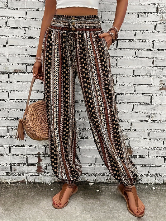 Women's European and American style Bohemian ethnic print loose slim drape elastic waist cuff casual pants