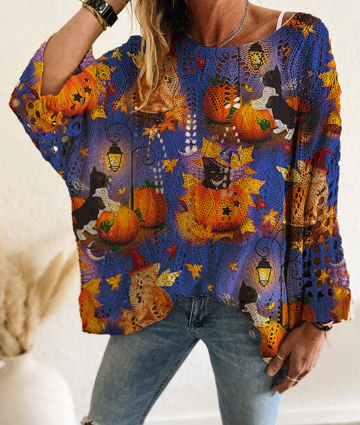 Hollow Bat Pumpkin Halloween Print Knit Sweater