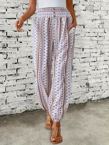 Women's European and American style Bohemian ethnic print loose slim drape elastic waist cuff casual pants