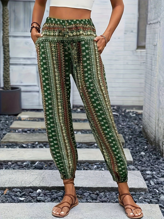 Women's European and American style Bohemian ethnic print loose slim drape elastic waist cuff casual pants