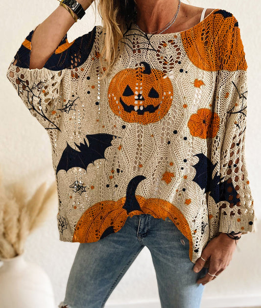 Hollow Bat Pumpkin Halloween Print Knit Sweater